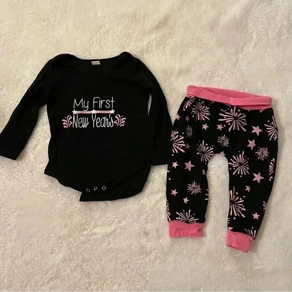 18-24 months my first new‎ year’s long sleeve black onesie and fireworks pants